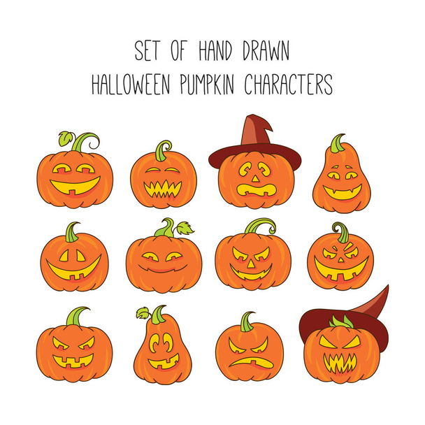 Halloween scary pumpkins vector illustration set. Collection of colorful funny pumpkin faces in doodle style - Vetor, Imagem