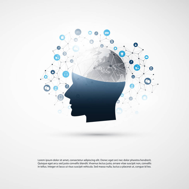 Strojové učení, umělé inteligence a koncepce designu sítí s ikonami a lidská hlava - Vektor, obrázek
