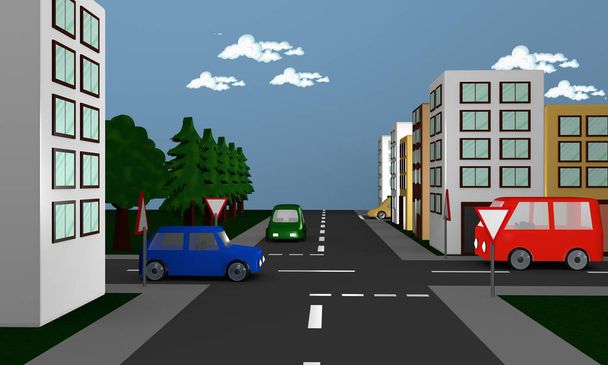 Street scene with cars, houses and the German road sign right ah - Photo, Image