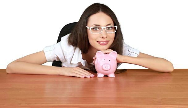 business woman with piggy bank - Fotoğraf, Görsel