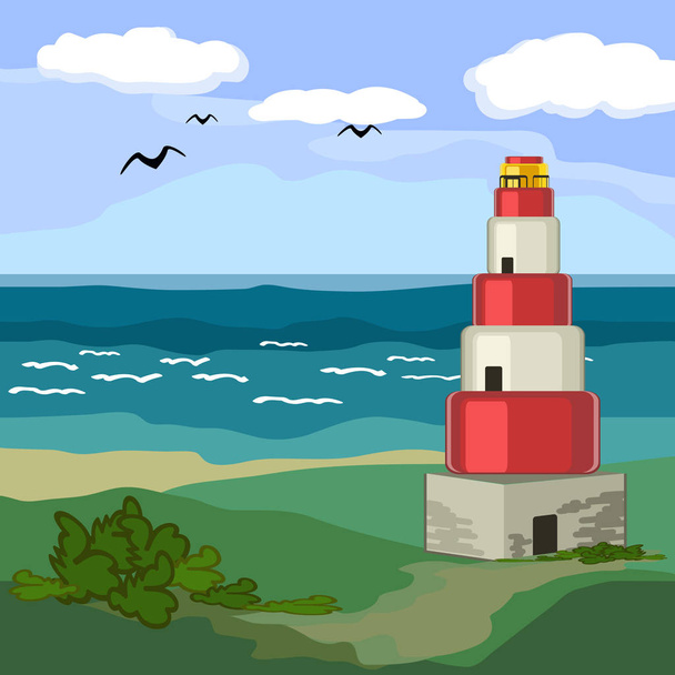 Морской пейзаж с маяком
 - Вектор,изображение