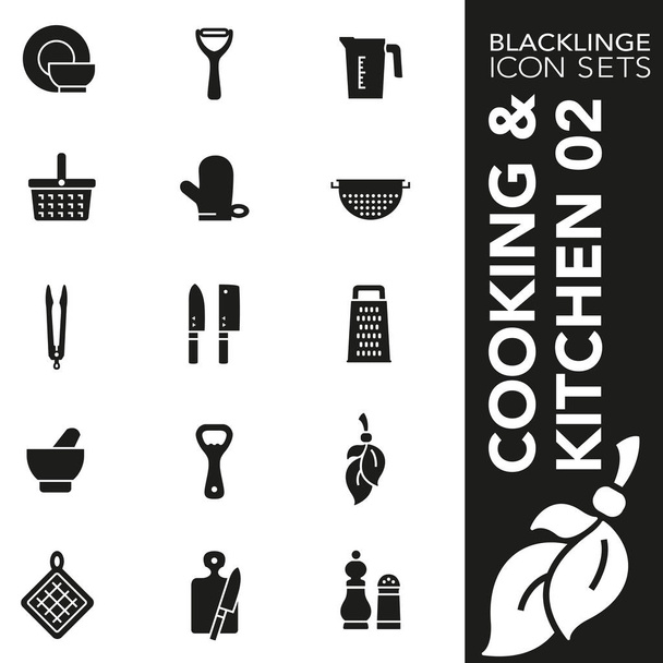 Blacklinge gotowanie i kuchnia 02 czarny i biały zestawy ikon - Wektor, obraz