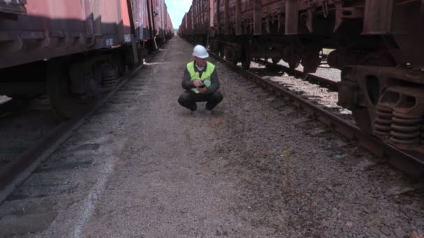 Robotnik kolejowy między dwoma rzędami wagonów - Materiał filmowy, wideo