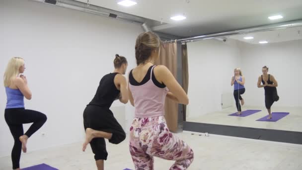 Osztály jóga multi-faji csoport gyakorlása az egészséges életmód, fitness stúdió jóga ászanák - Felvétel, videó