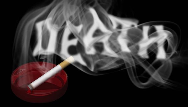 3D illustratie. Een brandende sigaret in een rode asbak met een oorlog - Foto, afbeelding