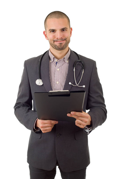 glücklicher männlicher Arzt, isoliert auf weißem Hintergrund - Foto, Bild