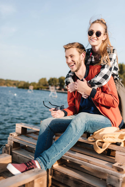 happy couple on pier - Foto, Imagem