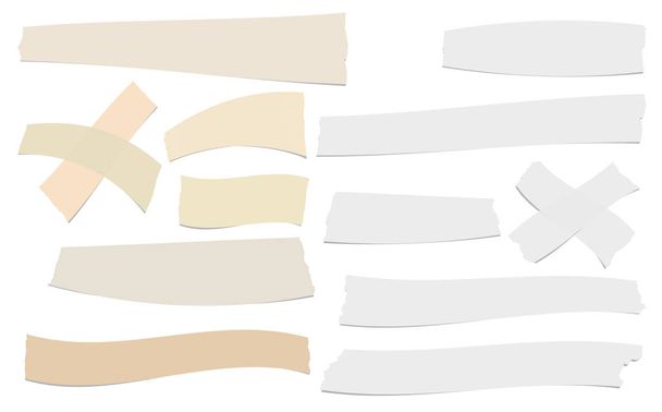 brauner und weißer Klebstoff unterschiedlicher Größe, klebrig, Klebeband, Papierstücke. - Vektor, Bild