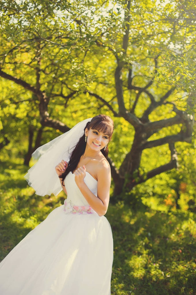 Beautiful bride outdoors in a forest. - Foto, afbeelding