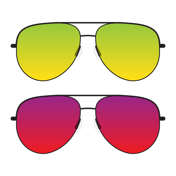 Black sunglasses with colorful green and yellow or red and purple glasses. Side view isolated on a white background transparent details. - Vector, Image
