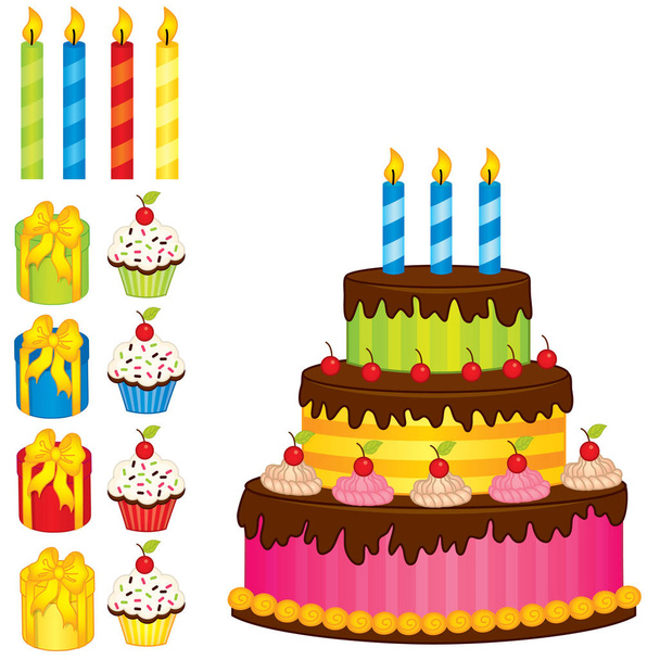 Pastel de cumpleaños vectorial, velas, cupcakes y cajas de regalo
 - Vector, imagen
