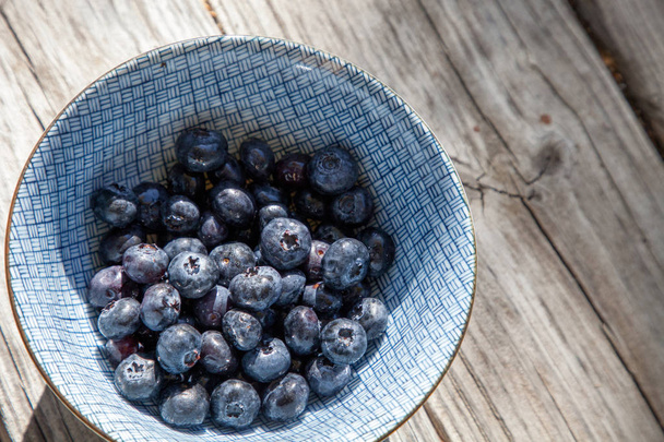 Organic blueberries in a blue and white bowl - Photo, Image