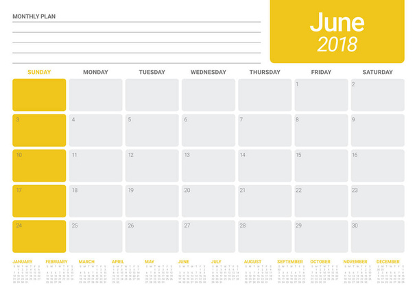 Juni 2018 kalender planner vectorillustratie - Vector, afbeelding
