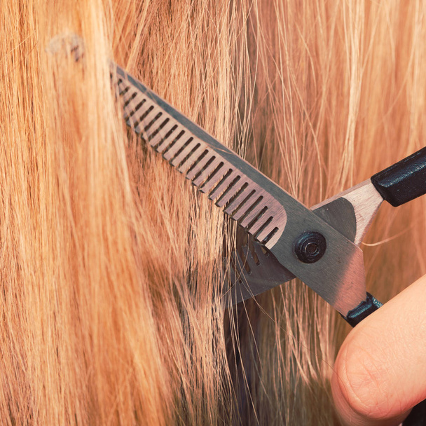 Close up detail. Special scissors cutting hair. - Φωτογραφία, εικόνα