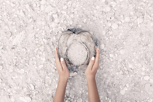 woman hands holding half of coconut on the beach - 写真・画像