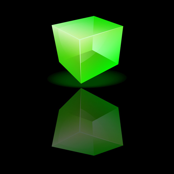 groen glazen kubus op een gladde ondergrond - Vector, afbeelding