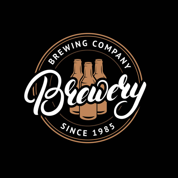 Brewery hand drawn lettering logo, label, badge, emblem with beer bottles. - Vector, Image