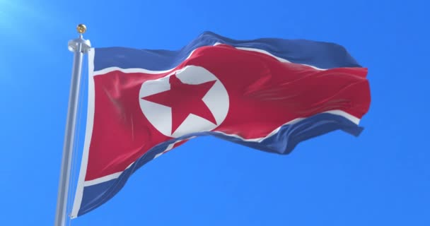 Flag of North Korea waving at wind with blue sky, loop - Footage, Video