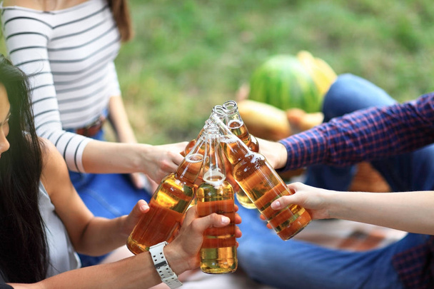 Young friends clinking bottles of beer - Fotografie, Obrázek