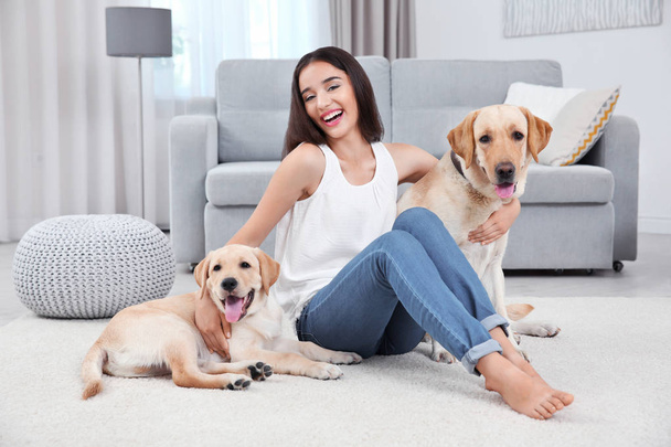 Young woman resting with yellow retrievers at home - Photo, image