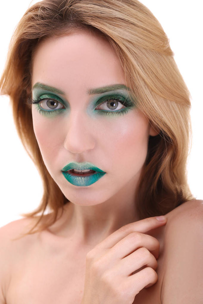 Young woman with bright green makeup  - Fotoğraf, Görsel