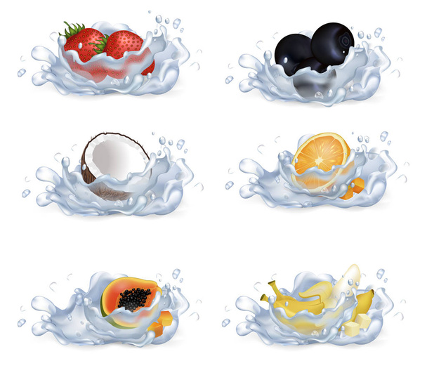 Fruit en bessen laten vallen in Water illustraties Set - Vector, afbeelding