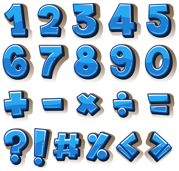 Design da fonte para números e sinais em azul
 - Vetor, Imagem