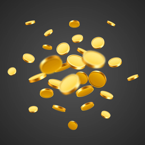 Falling coins, falling money, flying gold coins, golden rain. Jackpot or success concept. Modern background. - Vector, Imagen