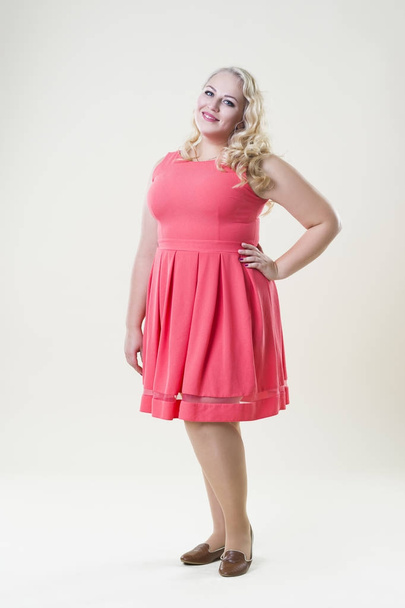 Plus size fashion model, fat woman on beige background, overweight female body - Photo, Image
