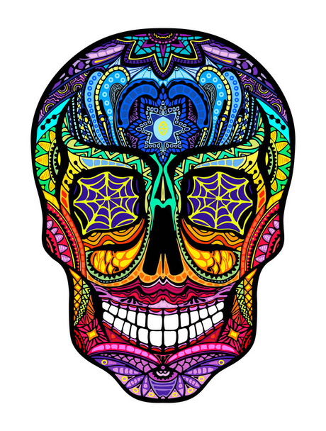 Tattoo colorful skull, black and white  illustration on white background, Day of the dead symbol. - Vektör, Görsel