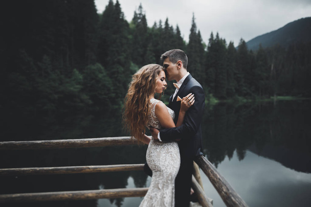 Happy wedding couple posing over beautiful landscape in the mountains - Foto, immagini