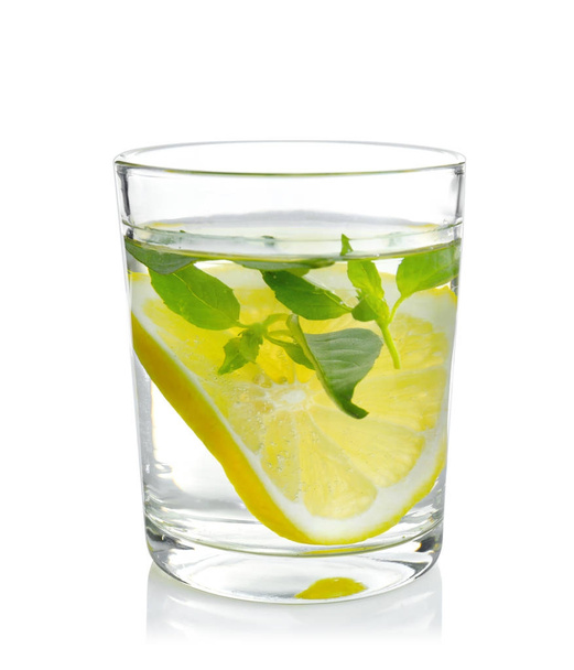 Basil water with lemon in glass, isolated on white - Zdjęcie, obraz