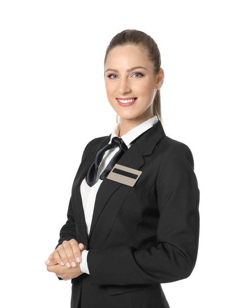 Female hotel receptionist in uniform on white background - Zdjęcie, obraz