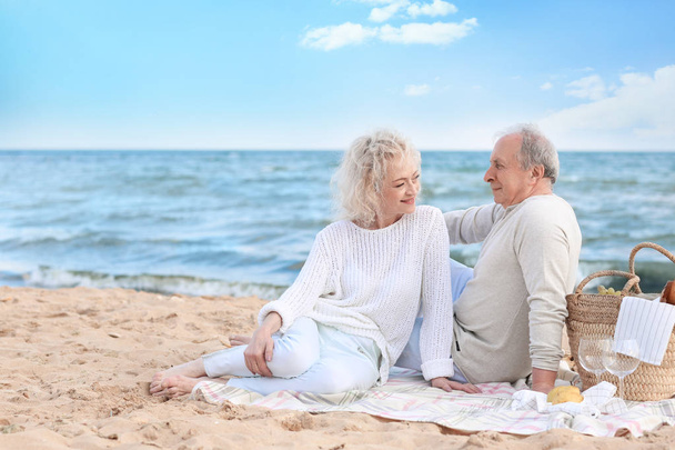 Boldog idősebb pár birtoklás piknik a tengerparttól - Fotó, kép