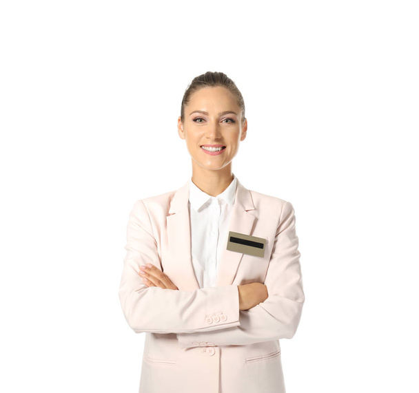 Female hotel receptionist in uniform on white background - Фото, изображение