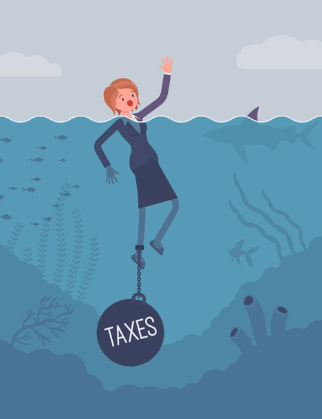 Businesswoman drowning chained with a weight Taxes - Vector, Image