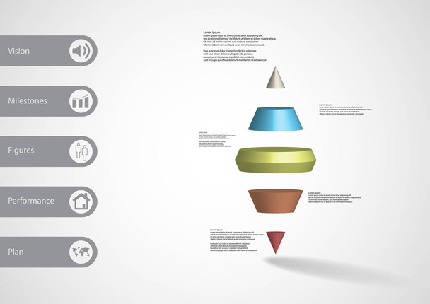 3D απεικόνιση infographic πρότυπο με δύο ακίδα κώνου χωρίζεται οριζόντια πέντε χρώμα φέτες - Διάνυσμα, εικόνα