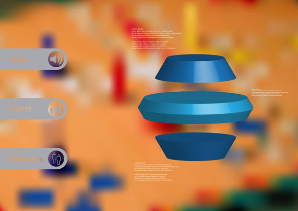 3D ilustracja infografikę szablon z rundy sześciokąt poziomo jest podzielony na trzy plasterki niebieski - Wektor, obraz