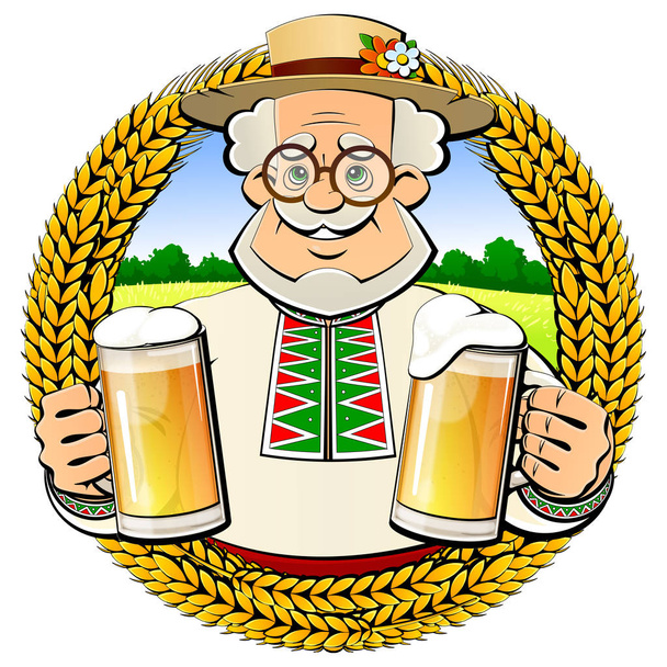 Old brewer with a light beer in glass mugs. Emblem, logo, icon. - Διάνυσμα, εικόνα