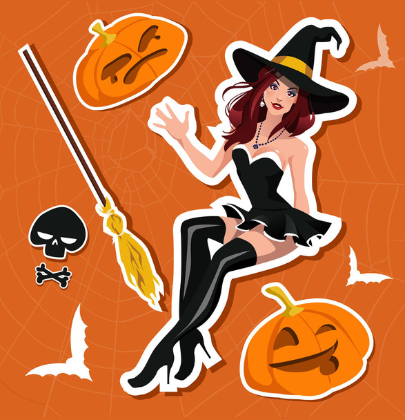 Halloween sticker set. Witch. broomstick. Pumpkin. Skull. - Vector, Image