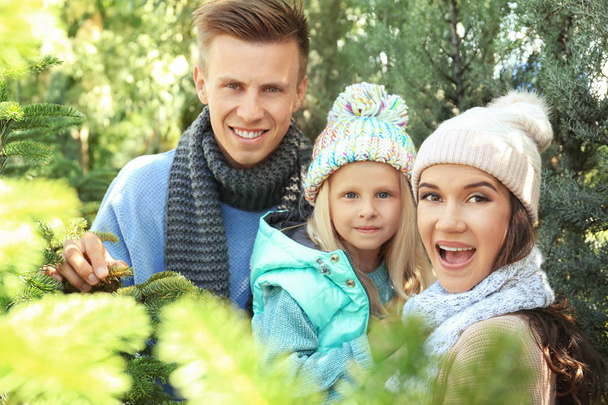 Happy family at Christmas tree market - Foto, Imagen