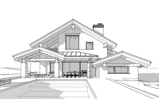 3D-Renderskizze eines modernen gemütlichen Hauses im Chalet-Stil - Foto, Bild