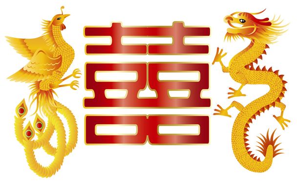 Dragon and Phoenix with Chinese Double Happiness - Vector, Image