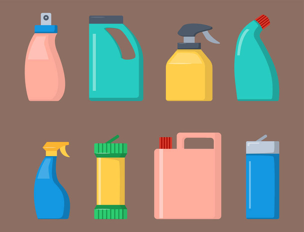 Botellas de productos químicos para el hogar suministros limpieza tareas domésticas líquido líquido líquido limpiador paquete vector ilustración
. - Vector, imagen