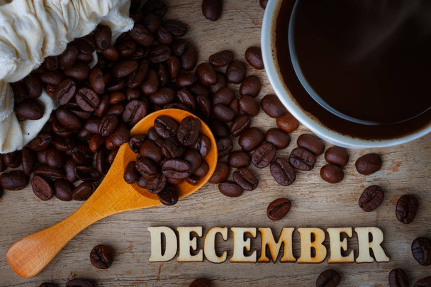 Kávové zrno s šálkem kávy a dřevo abeced - Fotografie, Obrázek