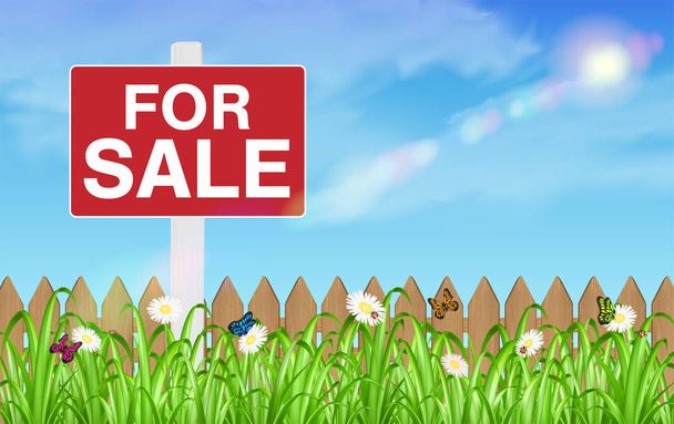 land for sale sign board with wooden fence grass - Vector, imagen