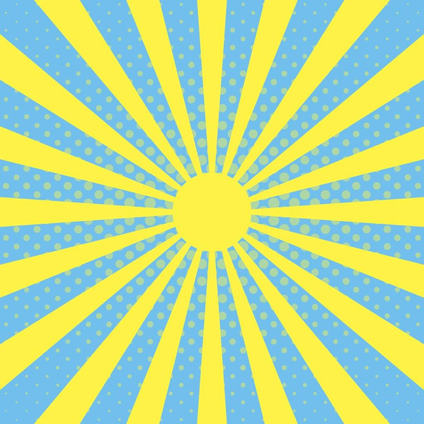Fondo de arte pop con rayos de sol sobre un fondo de cielo azul, efecto de medio tono, haz vectorial, los rayos de la explosión del sol, brillo radiante, bandera vintage de arte pop
 - Vector, Imagen