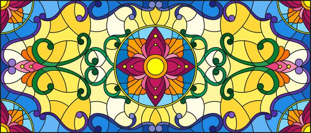 Illustration in stained glass style with abstract  swirls,flowers and leaves  ,horizontal orientation - Vector, Image