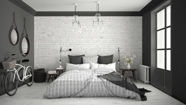 Біло-сіра сучасна спальня з затишним двоспальним ліжком, цегляна стіна
,  - Фото, зображення