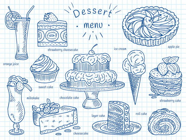 ijs, chocolade, laag, aardbei, broodje, zoete cake, appeltaart, jus d'orange, cheesecake, milkshake, dessertkaart - Vector, afbeelding